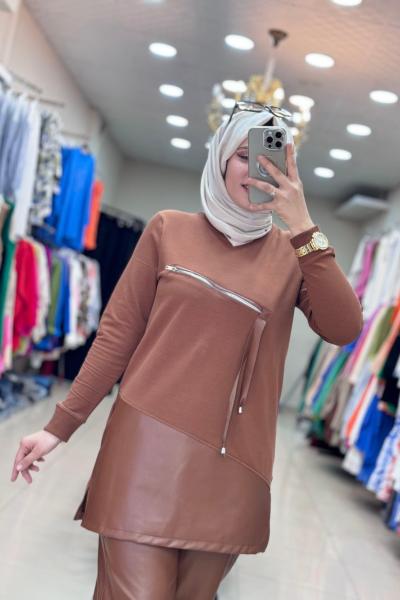 0130 DERİ DETAYLI ÖNÜ FERMUARLI TUNİK Kahverengi