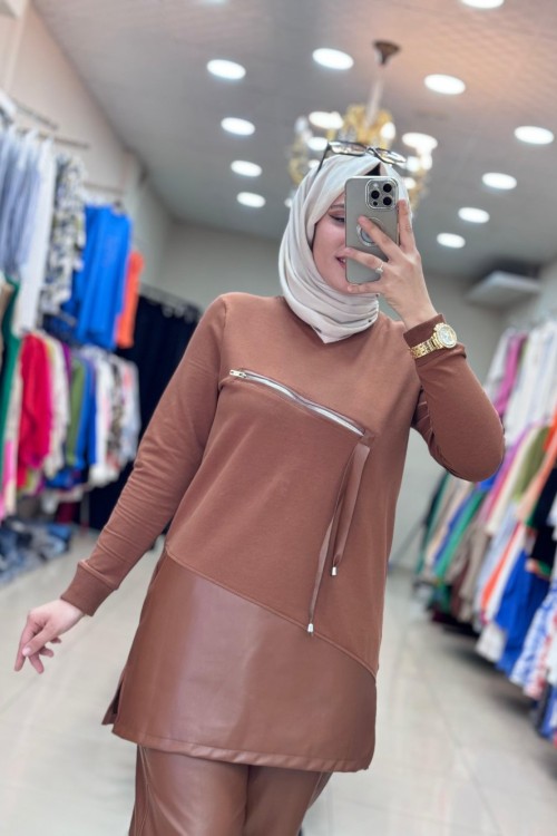0130 DERİ DETAYLI ÖNÜ FERMUARLI TUNİK Kahverengi