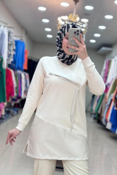 0130 DERİ DETAYLI ÖNÜ FERMUARLI TUNİK Taş Rengi