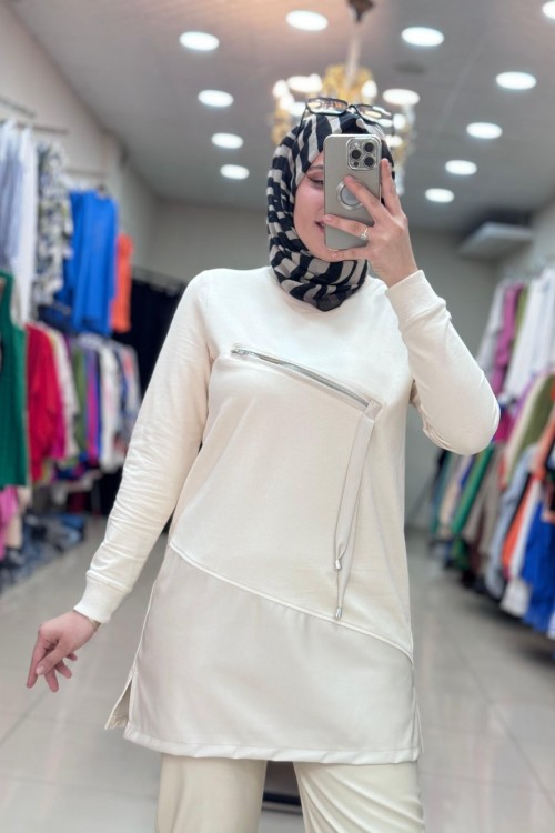 0130 DERİ DETAYLI ÖNÜ FERMUARLI TUNİK Taş Rengi