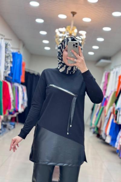 0130 DERİ DETAYLI ÖNÜ FERMUARLI TUNİK Siyah