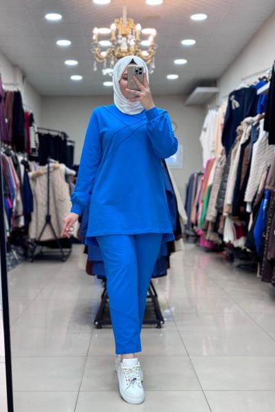 100241 ŞERİT DETAYLI TAKIM  Saks Mavisi