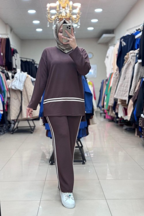 100573 BİYE DETAYLI OYSHO TAKIM Kahverengi