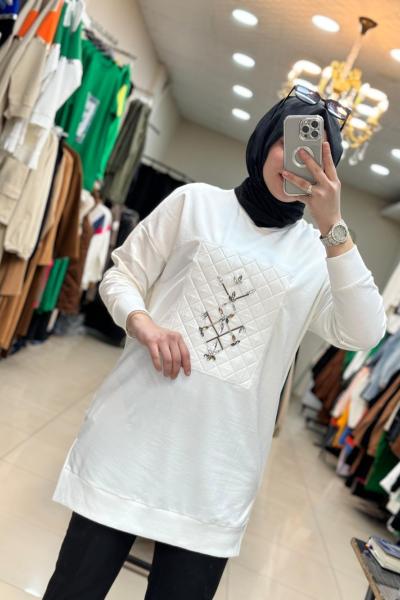 10368 Önü Boncuk-Kapitone İşlemeli Sweat Ekru  Ekru