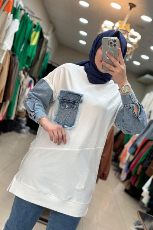 10411 Kot Detaylı Sweat Ekru Ekru