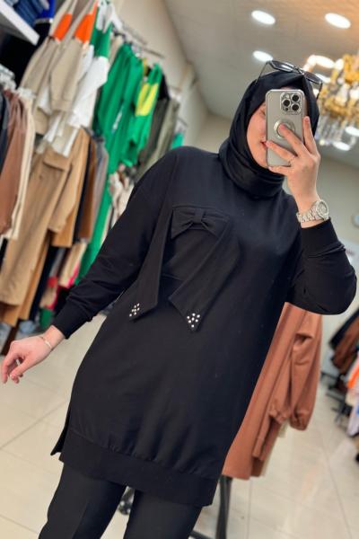 10414 Cep Fiyonklu Sweat Siyah  Siyah