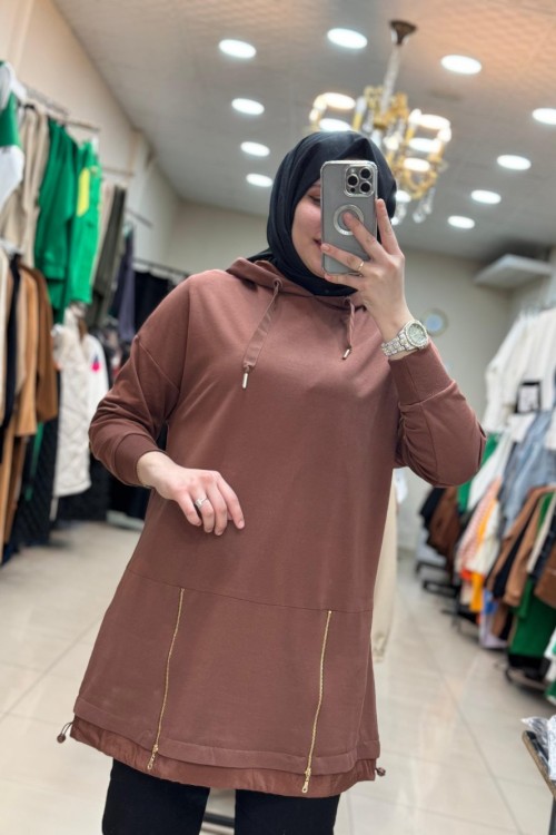 10415 Kapüşonlu Sweat Kahve Kahverengi