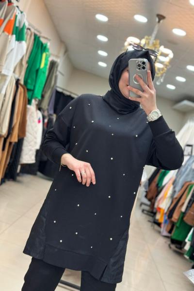 10427 Dağınık Taşlı Sweat Siyah  Siyah