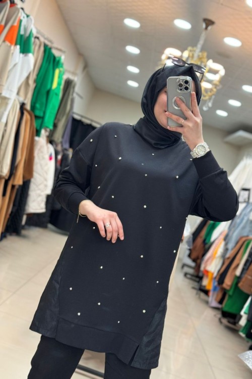 10427 Dağınık Taşlı Sweat Siyah  Siyah