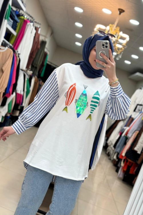 10435 Balıklı Tunik Ekru  Beyaz