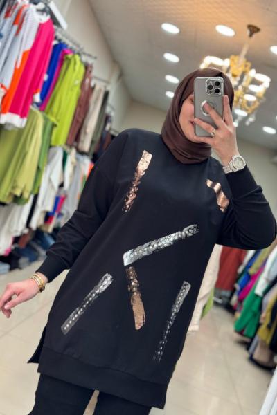 10456 Yaldız Tek Şeritli Tunik  Siyah Siyah