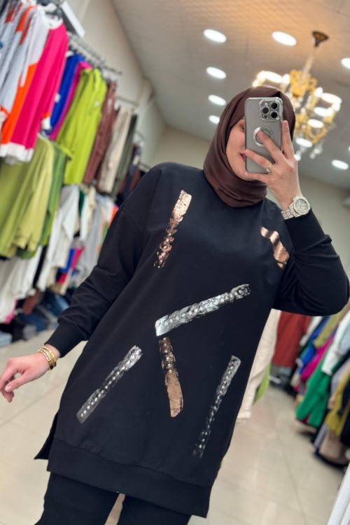 10456 Yaldız Tek Şeritli Tunik  Siyah Siyah