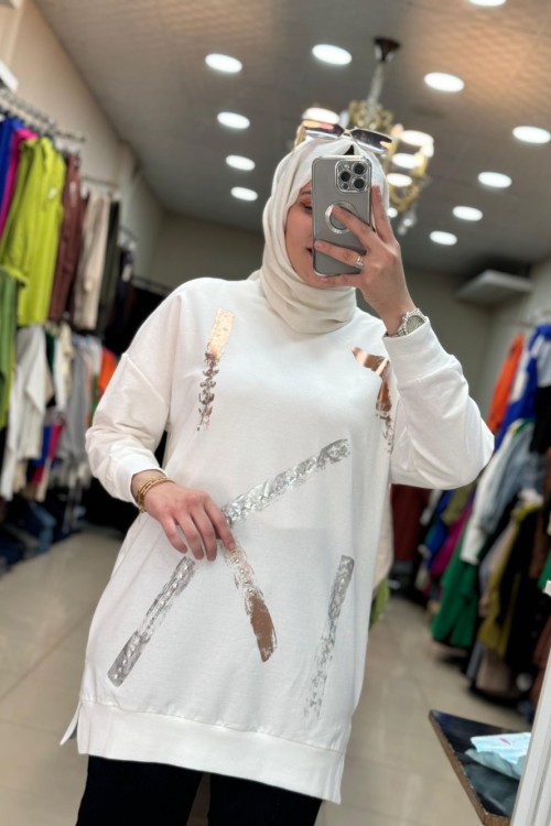 10456 Yaldız Tek Şeritli Tunik  Beyaz Beyaz