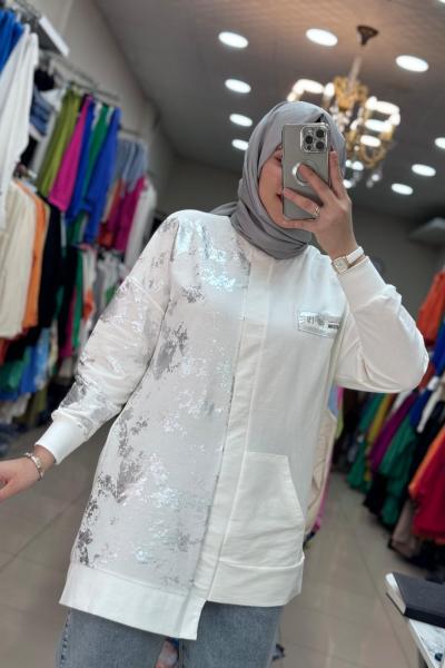 10458 PUANE YARI YALDIZLI TUNİK EKRU Ekru