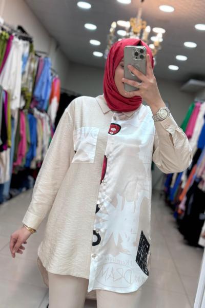 10502 SATEN DETAYLI TUNİK  Bej