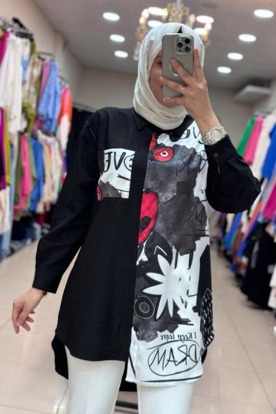 10502 SATEN DETAYLI TUNİK  Siyah