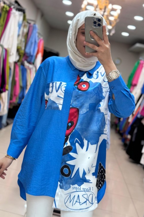 10502 SATEN DETAYLI TUNİK  Mavi