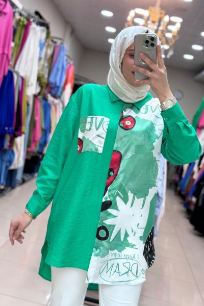 10502 SATEN DETAYLI TUNİK  Benetton Yeşil