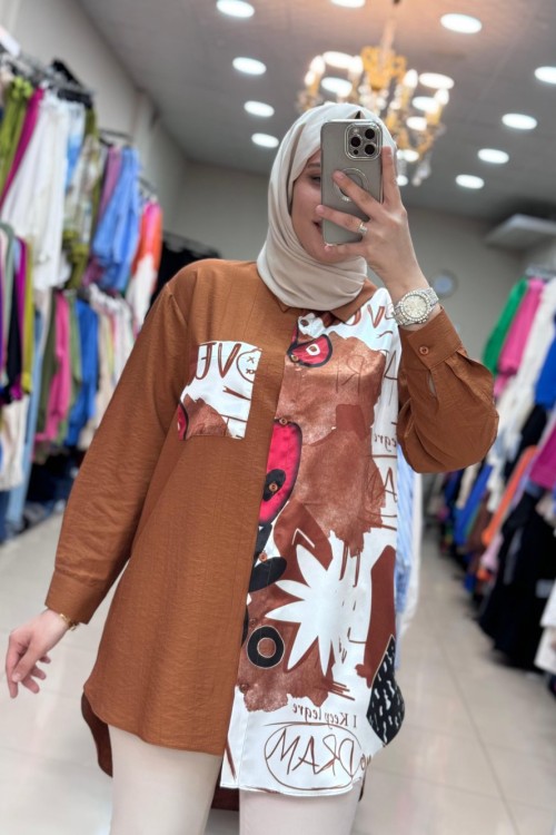 10502 SATEN DETAYLI TUNİK  Kahverengi