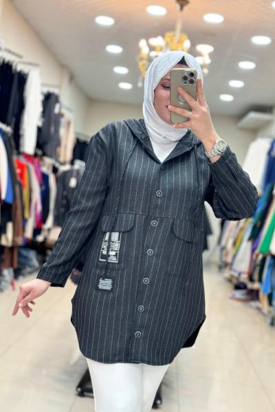 10551 KAPŞONLU ÇİZGİLİ GÖMLEK  Siyah