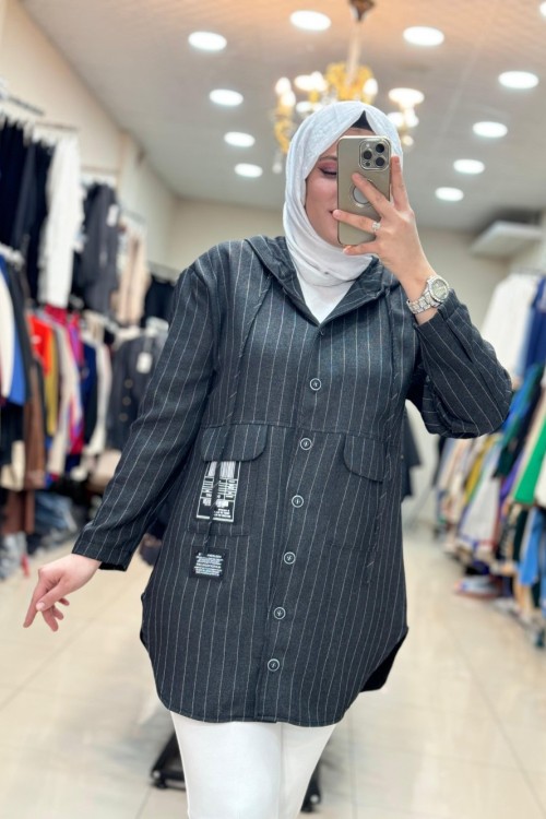 10551 KAPŞONLU ÇİZGİLİ GÖMLEK  Siyah