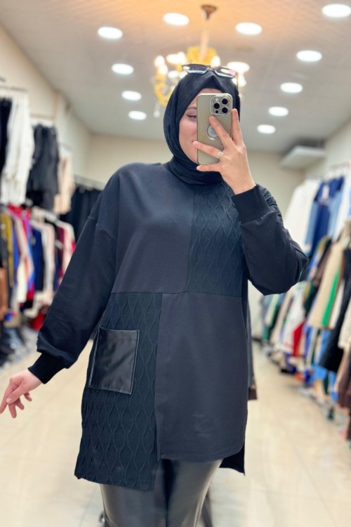 10555 DERİ CEPLİ SWEAT Siyah