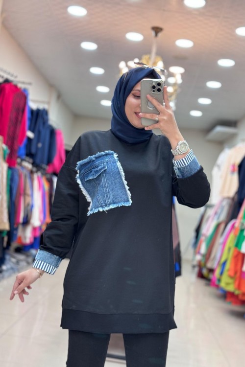 10566 SOL TARAFI KOT DETAYLI TUNİK Siyah