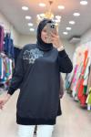 10568 SOL OMZU DERİ BASKILI TUNİK  Siyah