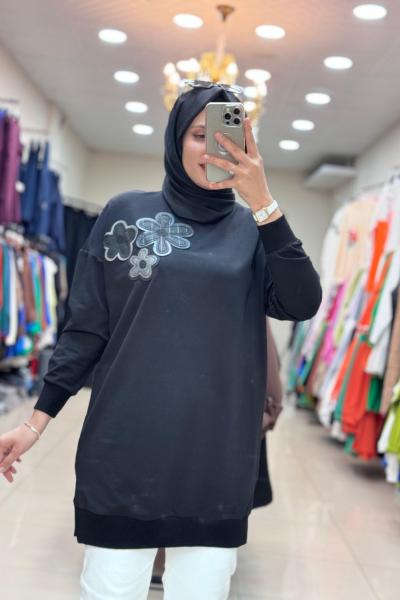 10568 SOL OMZU DERİ BASKILI TUNİK  Siyah