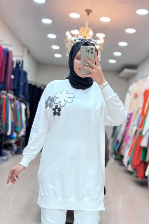 10568 SOL OMZU DERİ BASKILI TUNİK  Ekru