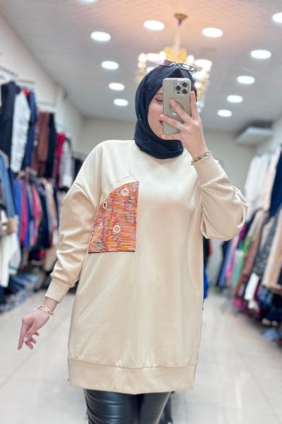 10574 SCUBA CEPLİ TUNİK Bej