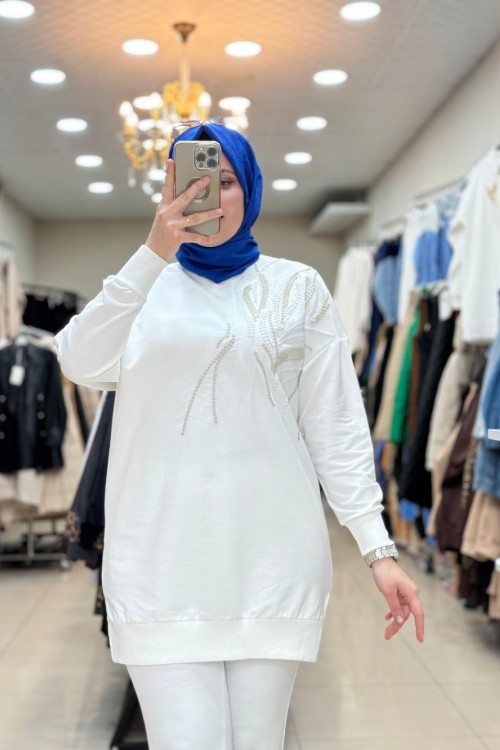 10585 ŞERİT MOTİFLİ TUNİK  Ekru