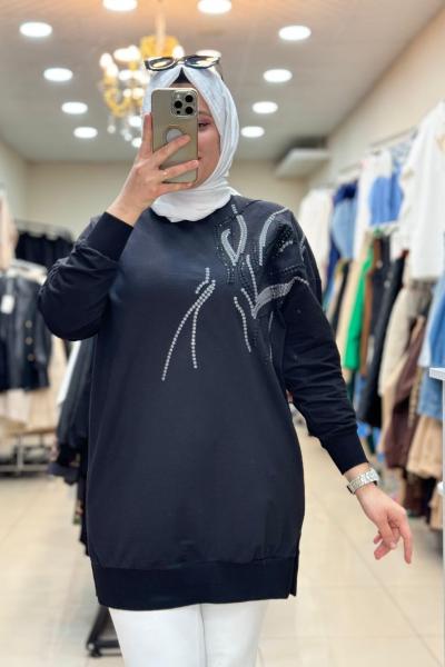 10585 ŞERİT MOTİFLİ TUNİK  Siyah
