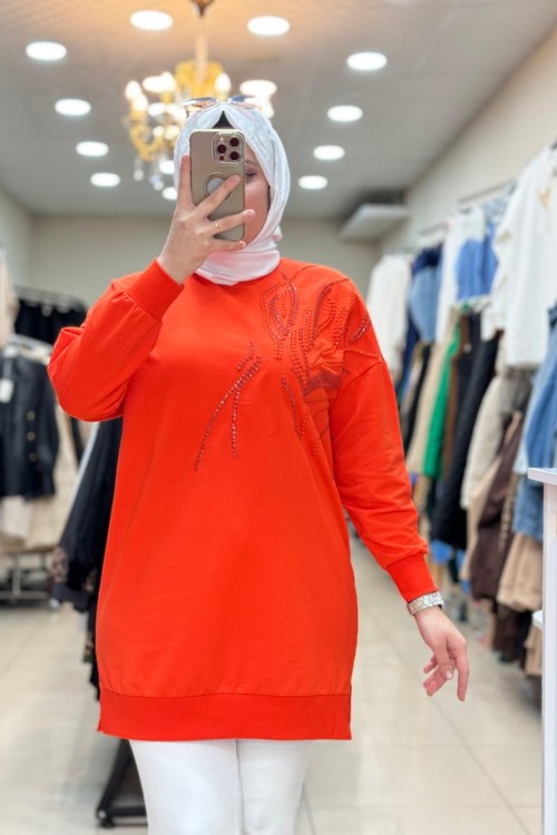 10585 ŞERİT MOTİFLİ TUNİK  Turuncu