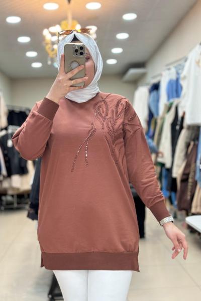 10585 ŞERİT MOTİFLİ TUNİK  Kahverengi