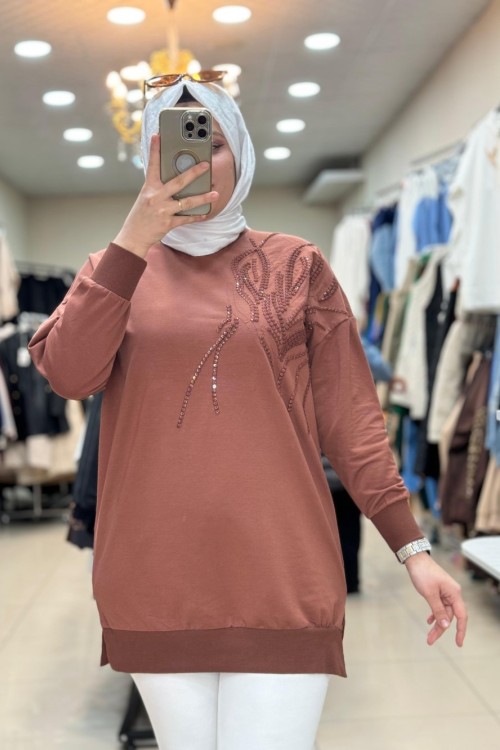 10585 ŞERİT MOTİFLİ TUNİK  Kahverengi