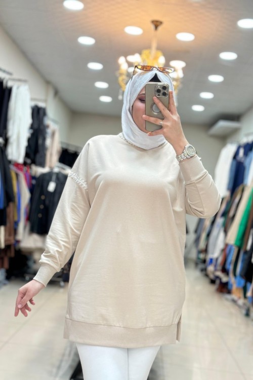 10586 İŞLEMELİ TUNİK Taş Rengi