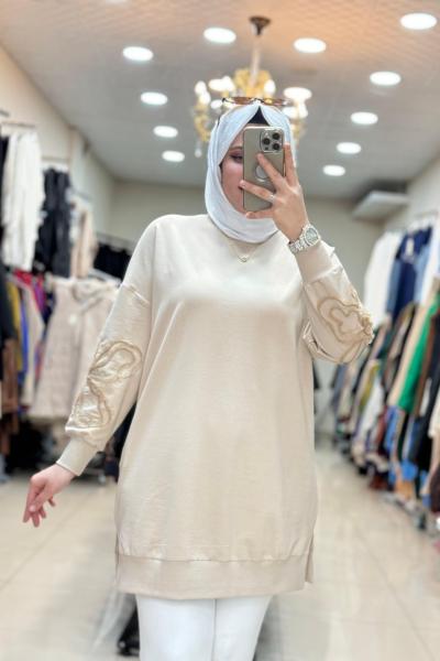 10595 KOLU ÇİÇEK NAKIŞLI TUNİK Vizon