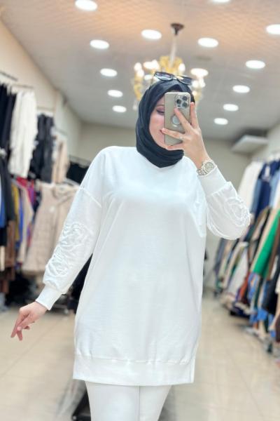 10595 KOLU ÇİÇEK NAKIŞLI TUNİK Beyaz