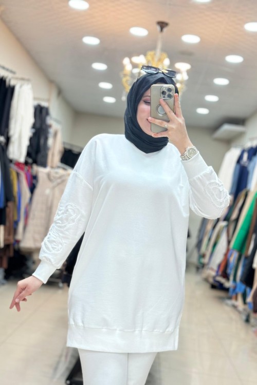 10595 KOLU ÇİÇEK NAKIŞLI TUNİK Beyaz