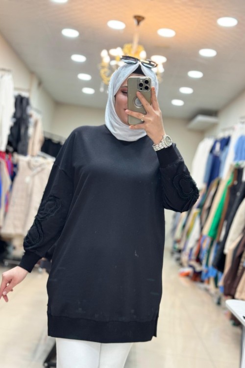 10595 KOLU ÇİÇEK NAKIŞLI TUNİK Siyah