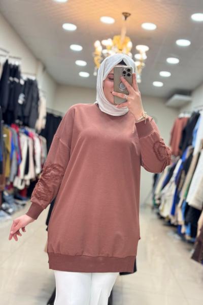 10595 KOLU ÇİÇEK NAKIŞLI TUNİK Kahverengi