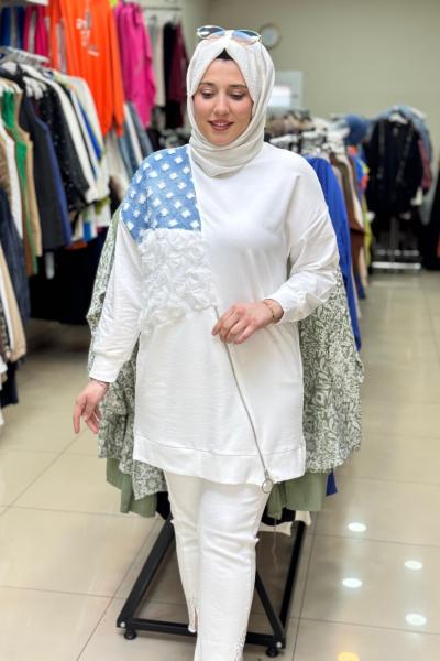 10623KOT VE GÜL DETAYLI TUNİK Beyaz