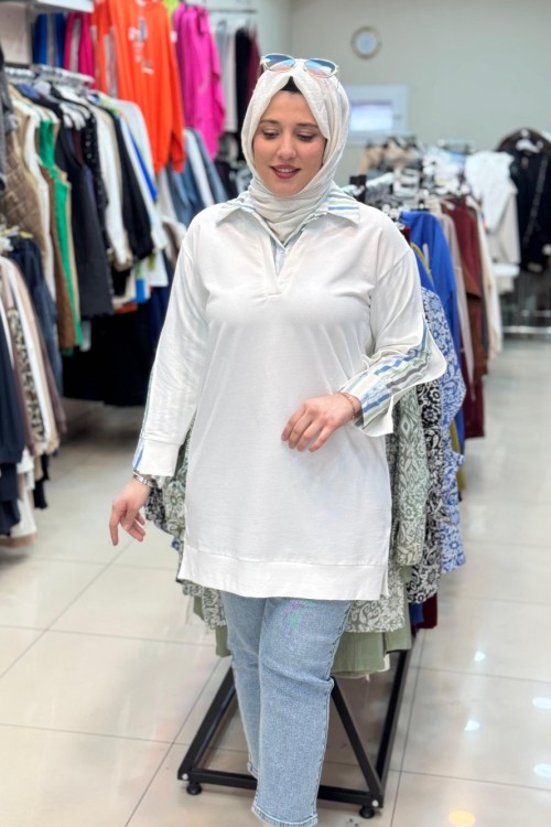 10650 YAKA VE KOLU GÖMLEK DETAYLI TUNİK Beyaz