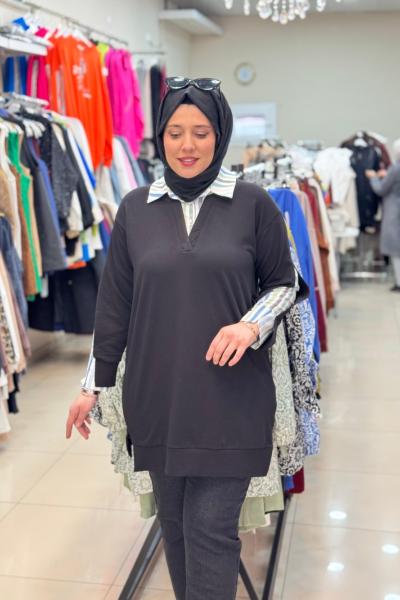 10650 YAKA VE KOLU GÖMLEK DETAYLI TUNİK Siyah