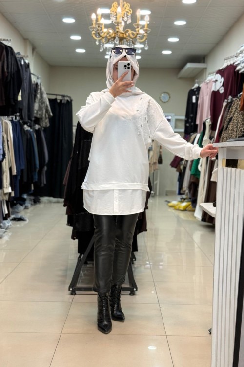 10739 ÇİÇEK DETAYLI TAŞLI SWEAT Beyaz