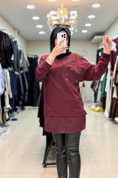10739 ÇİÇEK DETAYLI TAŞLI SWEAT Bordo