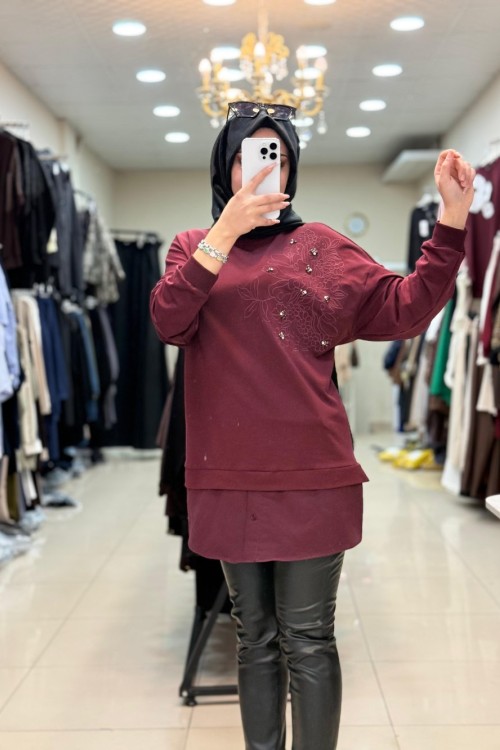 10739 ÇİÇEK DETAYLI TAŞLI SWEAT Bordo