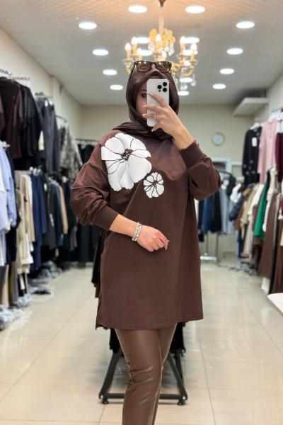 10743 ÇİÇEKLİ SWEAT Kahverengi