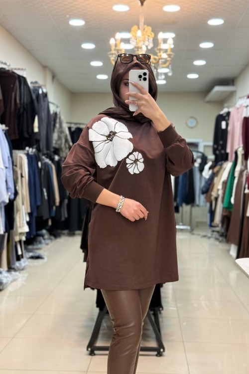 10743 ÇİÇEKLİ SWEAT Kahverengi